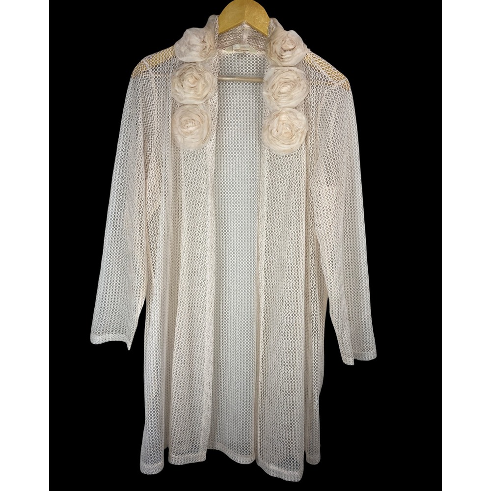 Krazy Kat Cream Mesh Duster Cardigan Rose Floral Open Front Longline XL Coquette